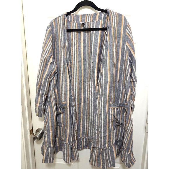 Wrap London Blue & Beige Striped Open Front 100% Linen Lightweight Duster Cardig - Picture 2 of 9